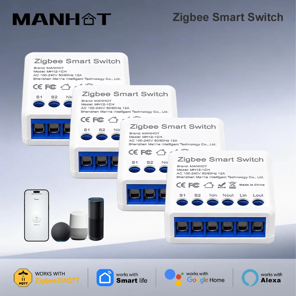 MANHOT Zigbee Mini Smart Switch Module 12A Mini Size DIY Switch Breaker Support 2-Way Control Work with Tuya Alexa Zigbee 2MQTT