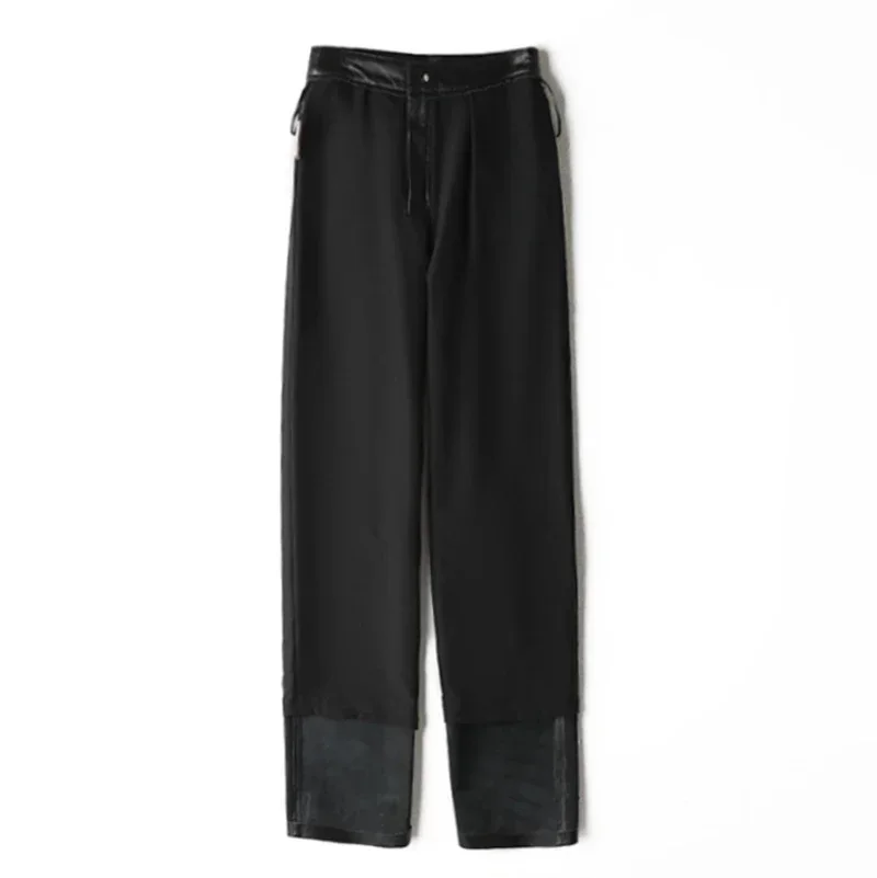 Vrouwen Echt Lederen Kokerbroek Mode Minimalistische Hoge Taille Diagonale Zak Lange Broek Slanke Rechte Buis Pantalones