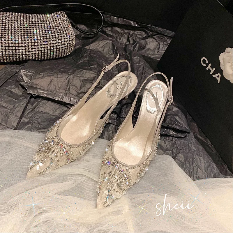 New spring and summer pointed-toe rhinestone mesh low-heeled wedding shoes, banquet dresses, stiletto heels women's sandals