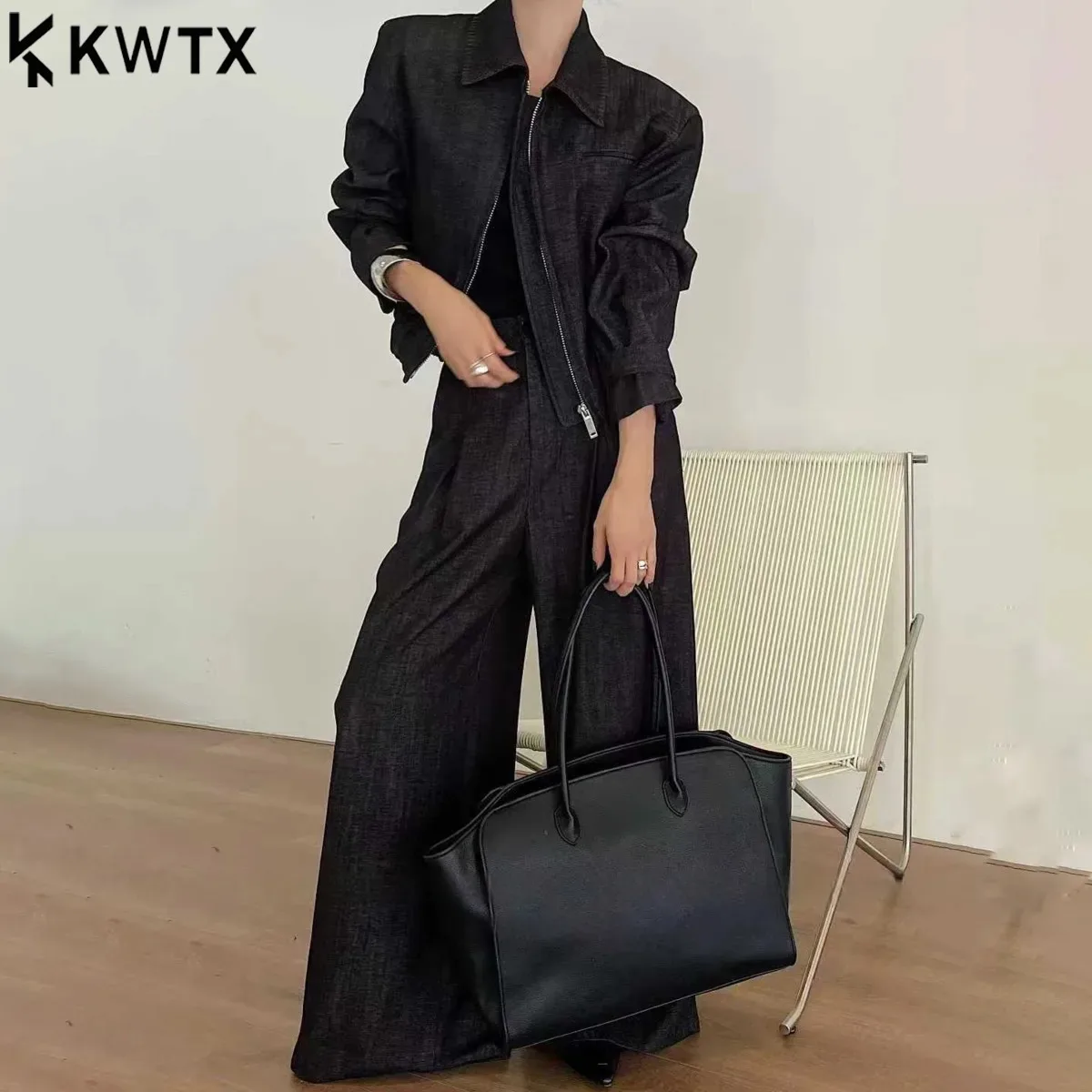 

KWTX Women's Casual Two Piece Set: Long Sleeve Short Jacket With Zipper Front & Wide Leg Pants - Premium, Elegant Loose Fit