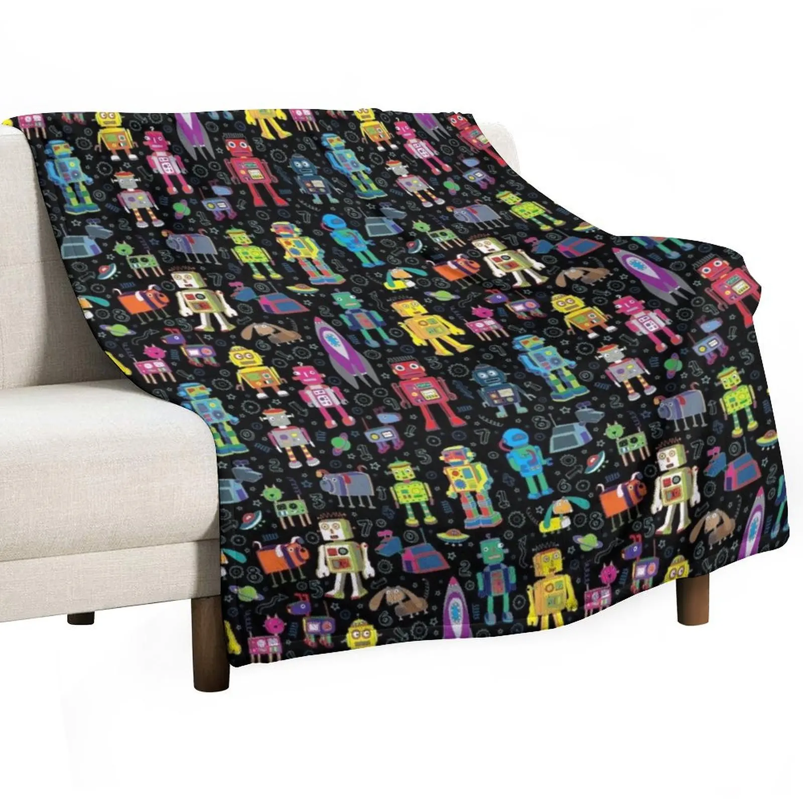 Robots in Space - black - fun pattern by Cecca Designs Throw Blanket Thermals For Travel Moving Hair Large Blankets