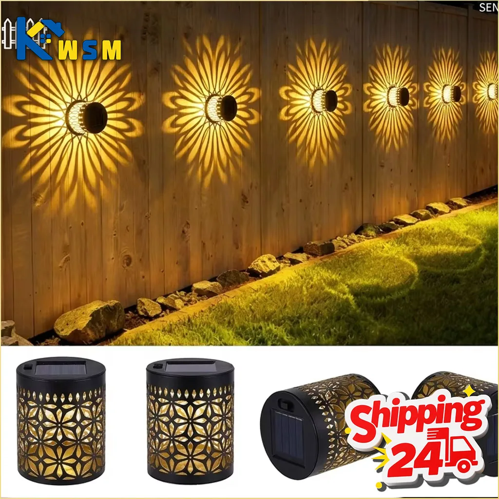 Solar Outdoor Wall Light Projector Waterproof Garden Lamp Patio Fence Decorative Hollow Lantern Lawn Yard Pathway Decor Lighting