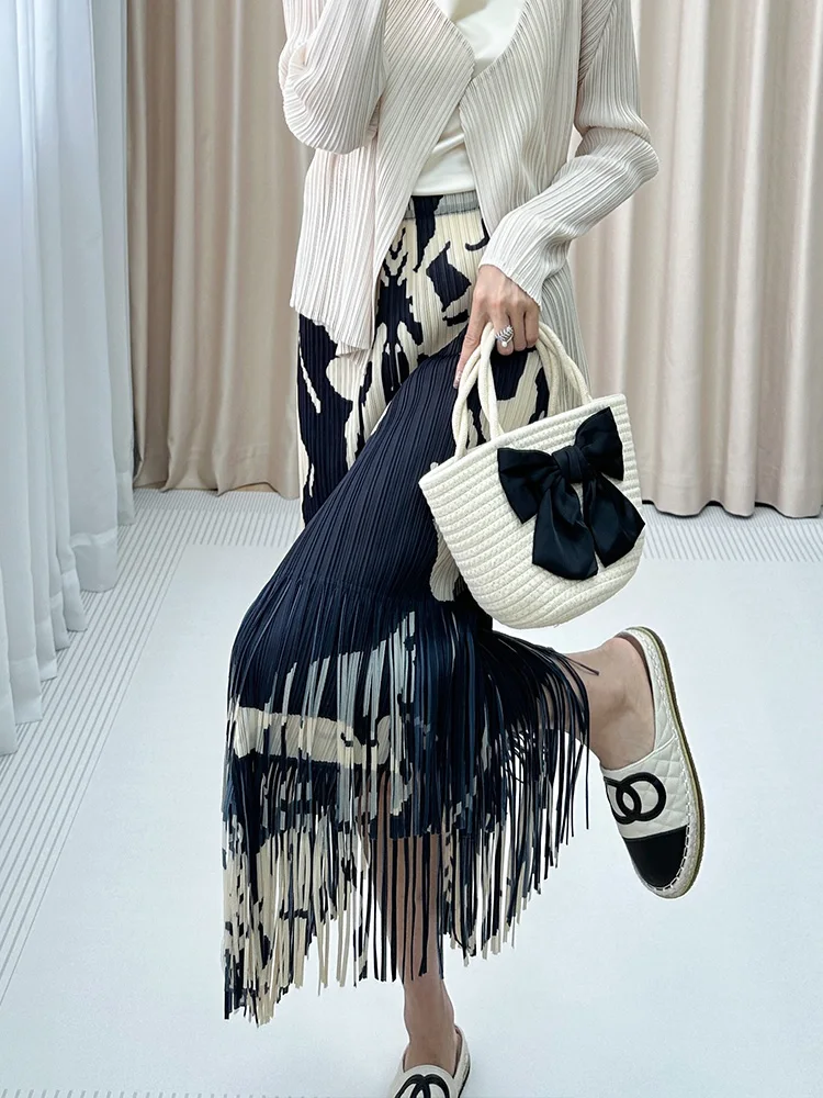 

Fashionable Printed Half Skirt Women's Autumn New Style Tassel Design Sensation Skirt High Waist Pleated Polyester Fiber