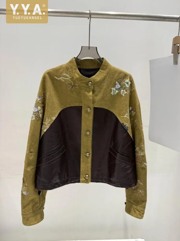 New Fashion Women Genuine Sheepskin Spliced Embroidery Stand Collar Long Sleeve Short Jackets Single Breasted Loose Outerwear
