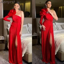 Aenyrst Red One-Shoulder Evening Dresses Luxury Handmade Flowers Taffeta Prom Gowns High Slit Mermaid Wedding Party Dresses