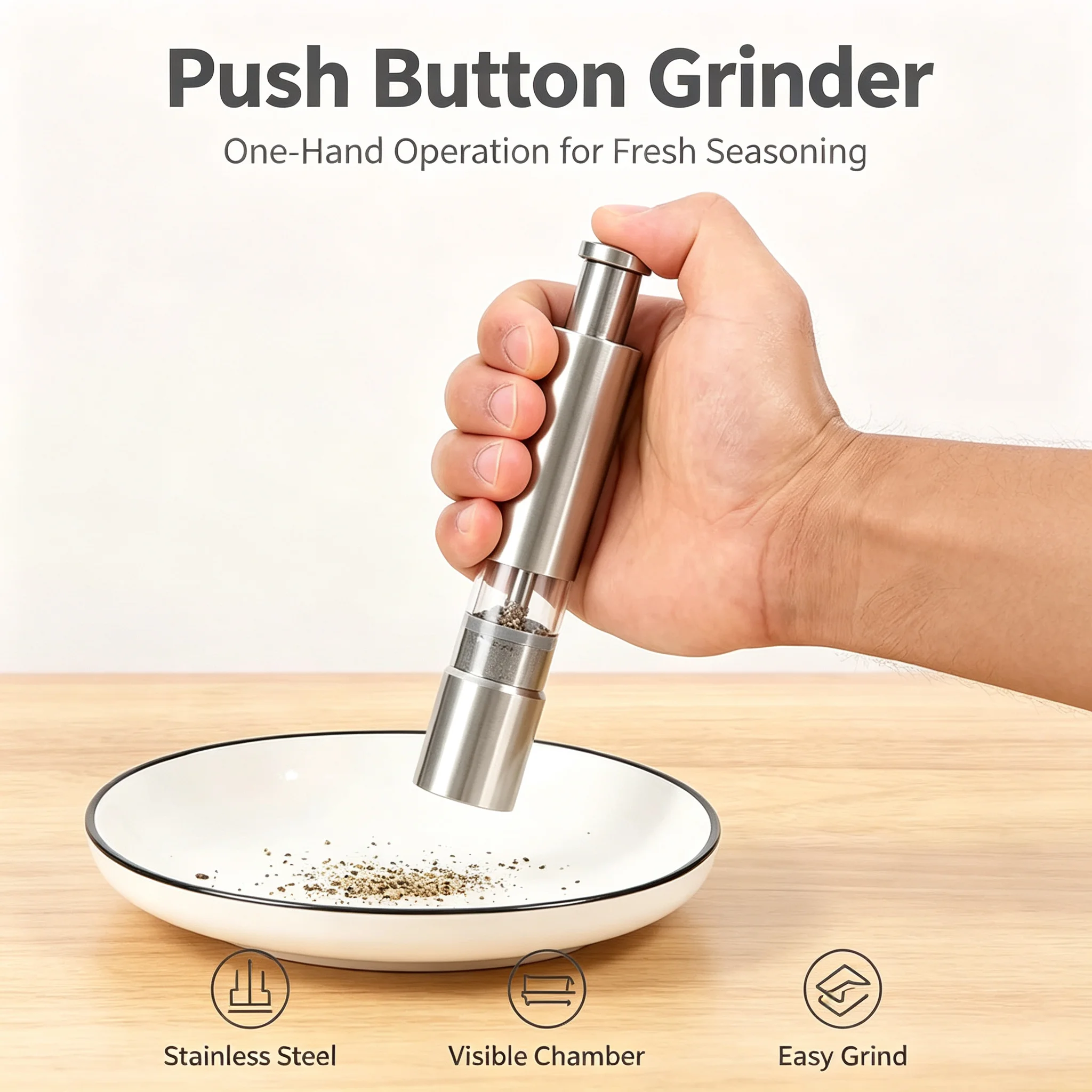 Manual Press Pepper Grinder Stainless Steel Grinder Household Salt Spice Mill Barbecue Kitchen Portable Pepper Mill Salt Shaker