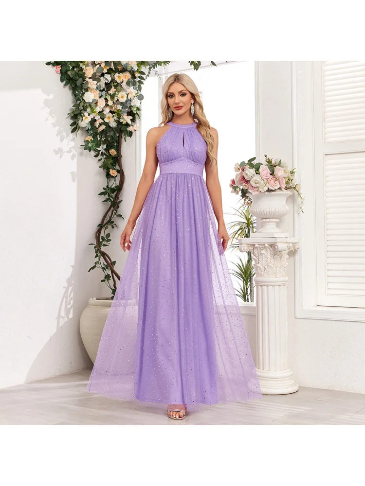 2024 new shiny sleepveless halter lace-up bow mesh evening dress back zipper largeaparty long dress