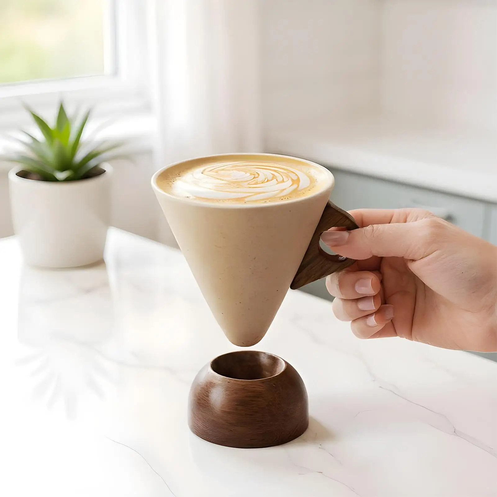 

Конусная кружка Ретро керамическая посуда для напитков Чайная чашка с деревянной ручкой и основанием для чая Кофе Напитки Молоко Вода Кафе Кухня Ресторан