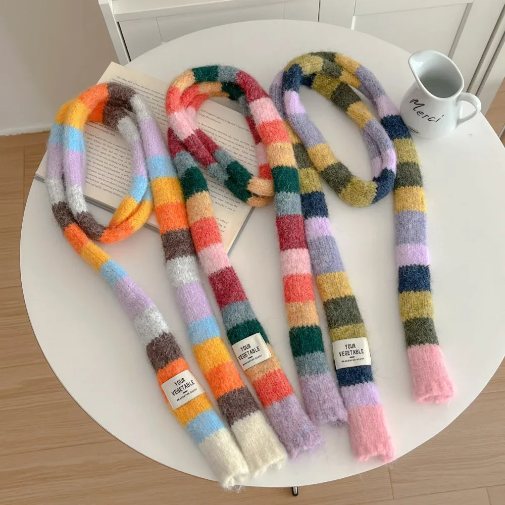 

Long Narrow Knit Scarf Korea Autumn Winter Retro Rainbow Color Ins Style Decorative Thin Strip Neck Warmer Fashion