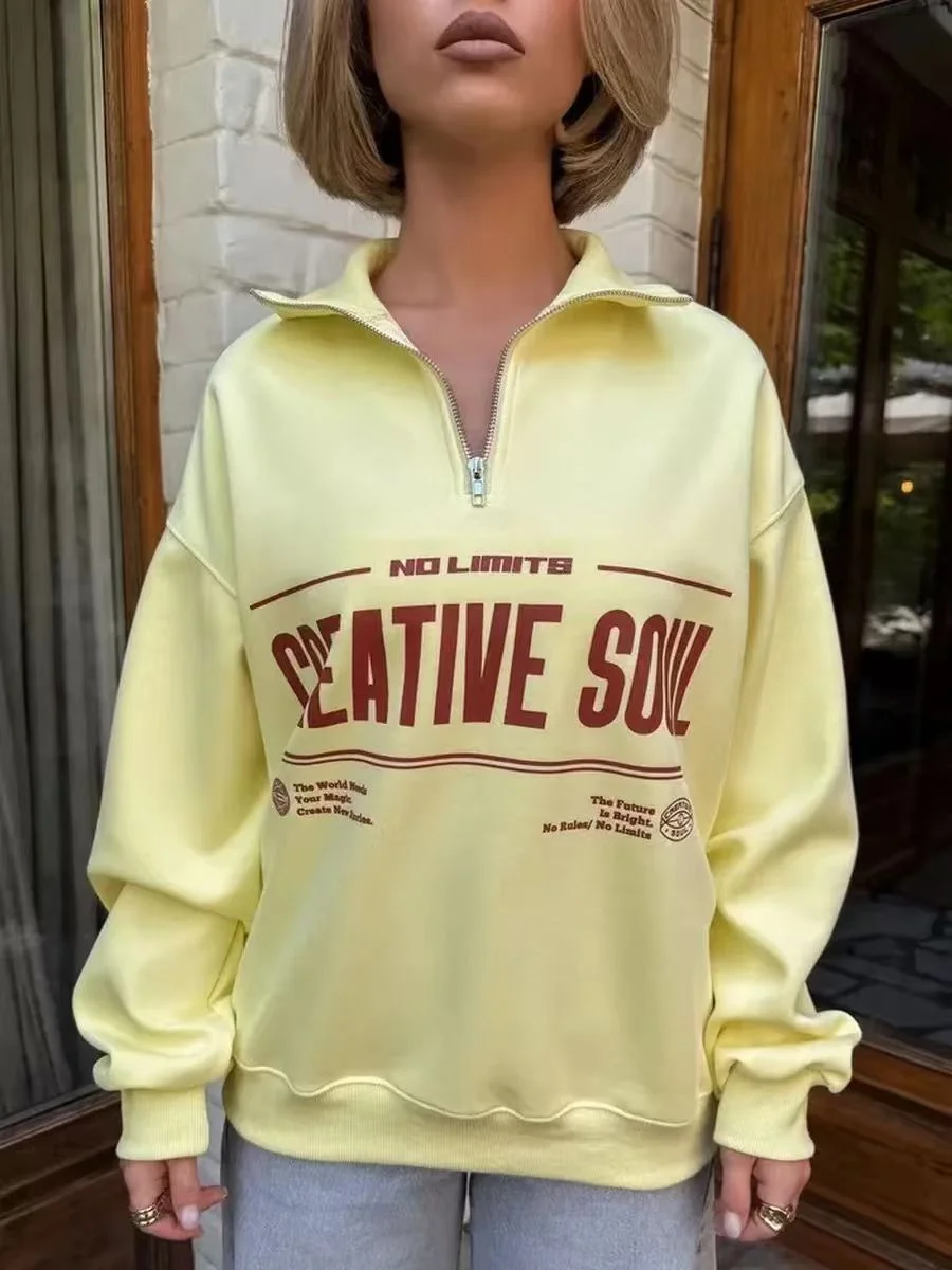 Classic Turn-down Collar Yellow Sweater Creative Soul Retro Printing Large Size Loose Sweatshirts Autumn Trendy Long Sleeve Tops