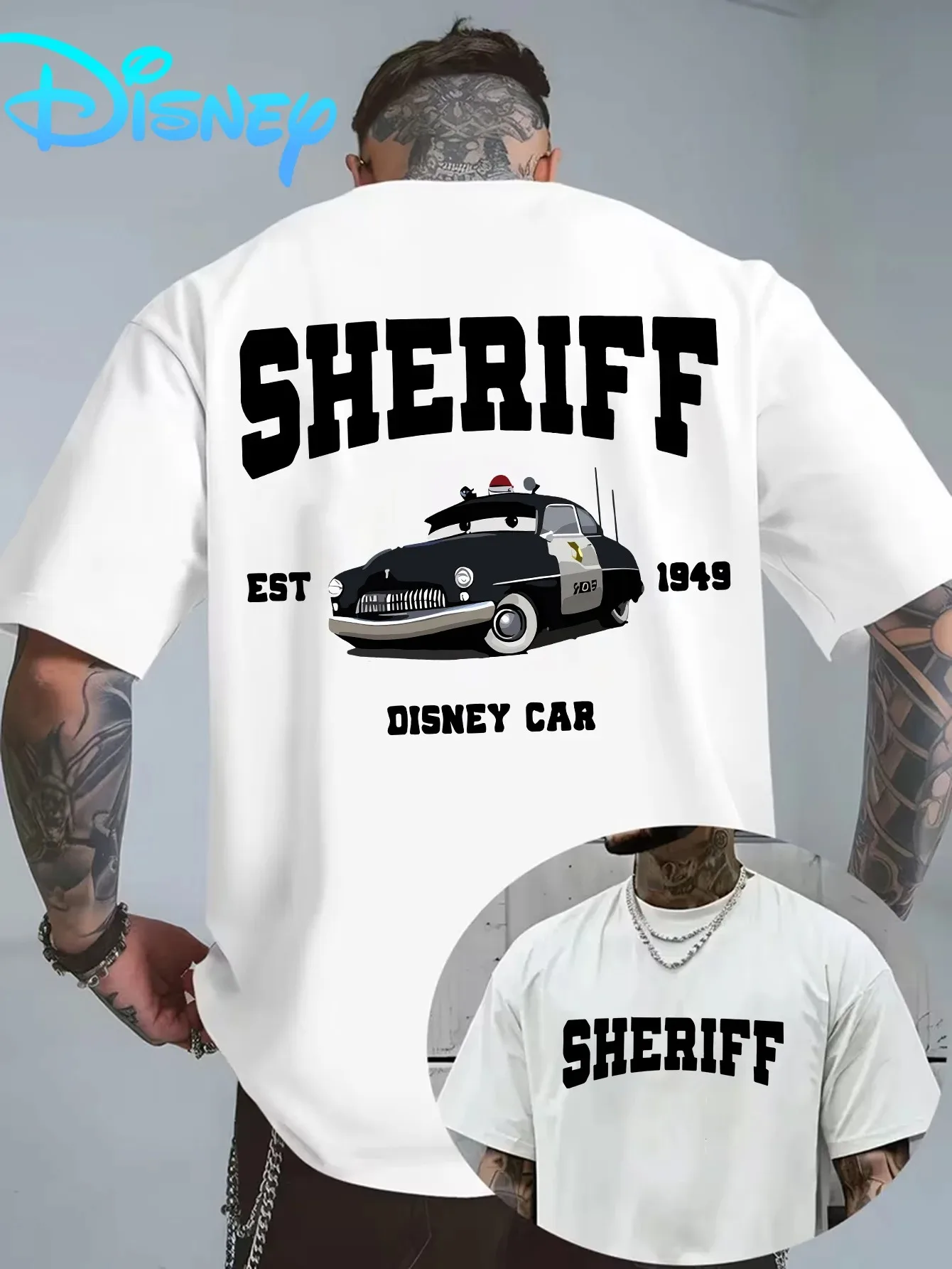 

Футболка унисекс Disney Cars Sheriff, летний хлопковый повседневный топ, уличный модный удобный топ унисекс, модные удобные футболки для женщин и мужчин