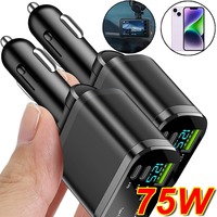 5in1 75W Car Charger Adaptor Car Charger for SCP PD with Retractable Cable 12-24V Auto Super Fast Charging Flash Charging