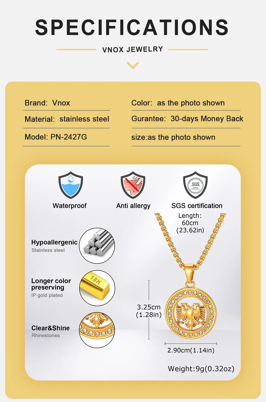 Vnox Herren Runde Doppelköpfiger Adler Anhänger Halskette, Gold Silber Farbe Edelstahl mit CZ-Besatz, Kastenkette, Ethnischer Schmuck Geschenk – Detail 4