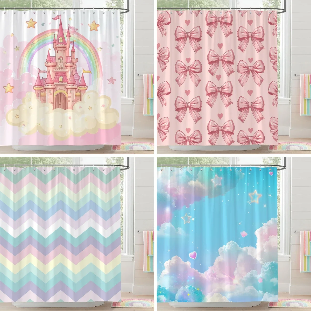 Rainbow Castle Pink Bow Shower Curtain Love Hearts Stars Stripes Colourful Clouds Polyester Fabric Shower Curtain Bathroom Decor