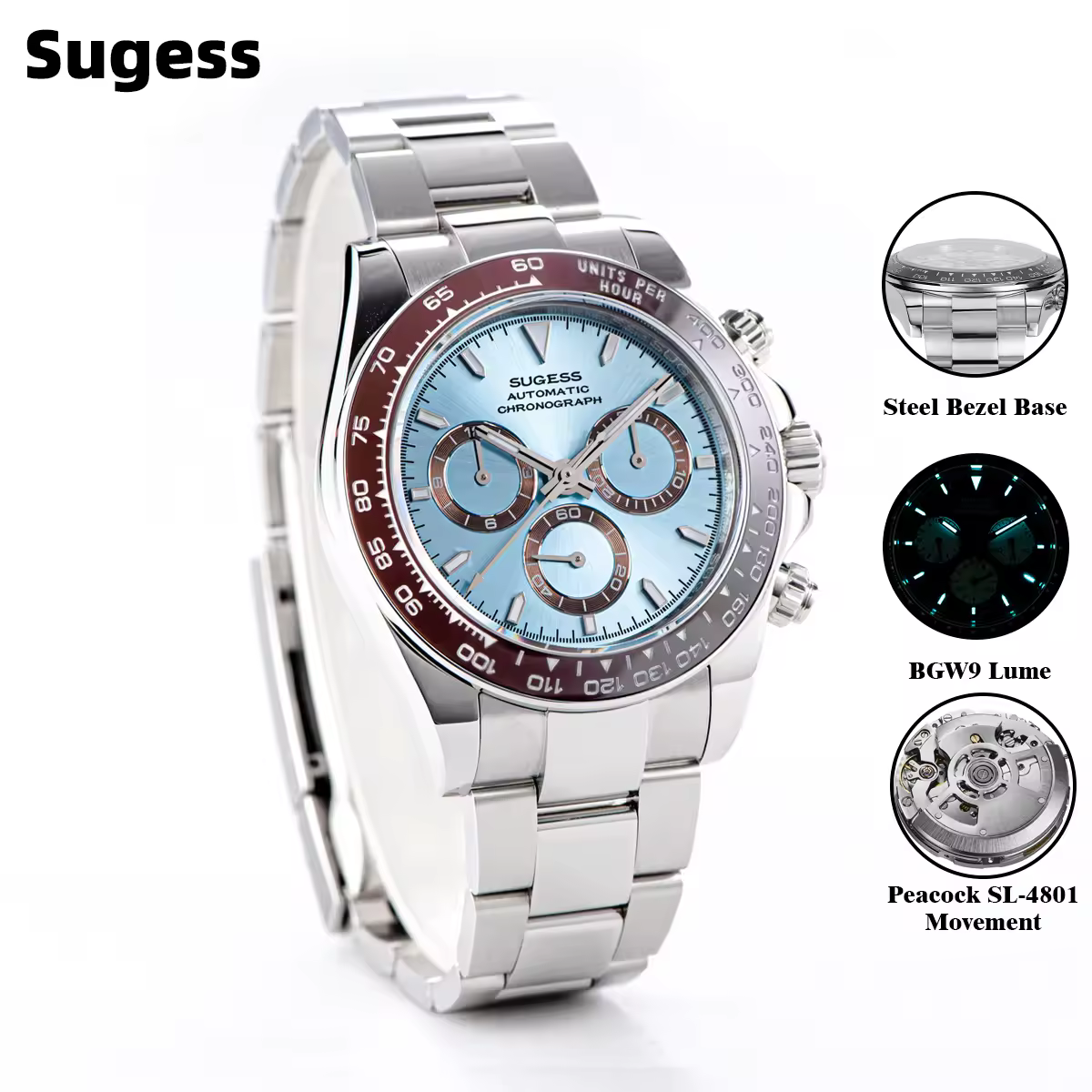 Sugess mergulho relógio masculino panda cronógrafo mecânico automático pavão sl4801 movimento relógio de pulso à prova dwaterproof água moldura cerâmica novo