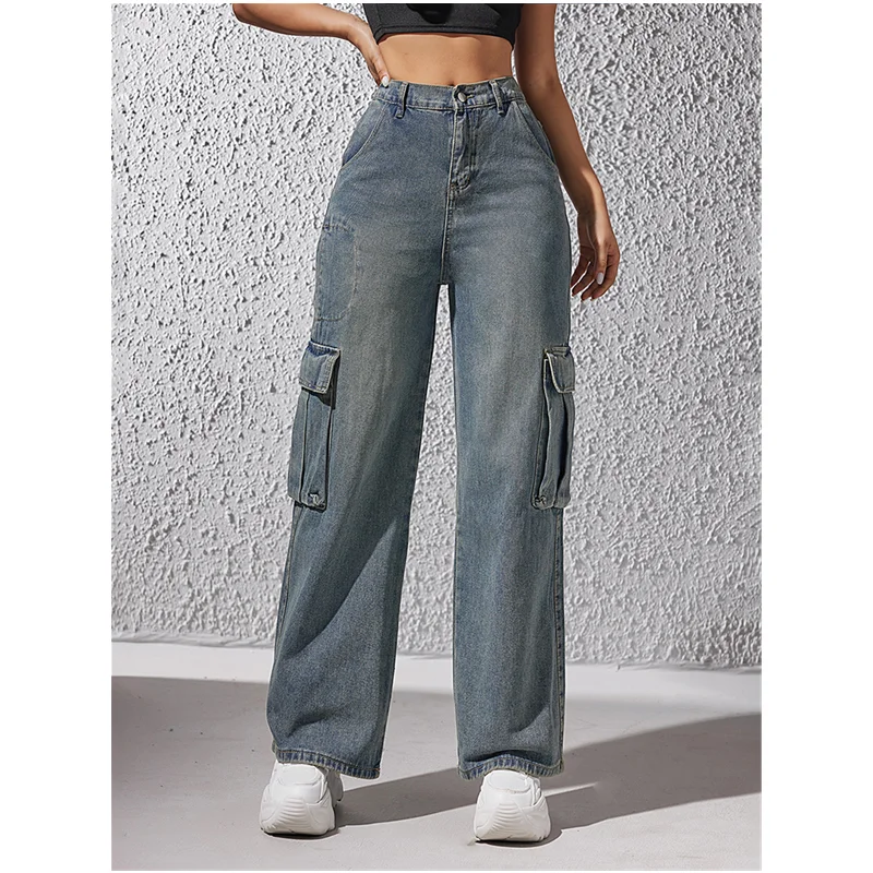 

Blue Womens Jeans High Waist Vintage Straight Baggy Cargo Pants Y2K Hip Hop Streetwear American Sizes Wide Leg Denim Trouser