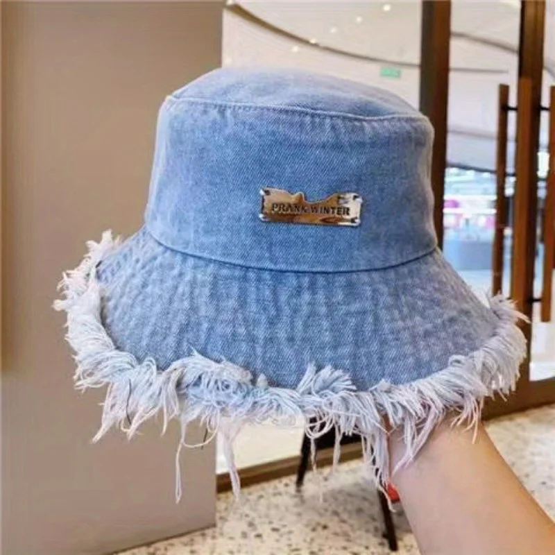 Panama Metal Label Denim Bucket Hats Shabby Breathable Sun Protection Fisherman Hat For Women Men Summer Sport Hiking Bob Caps