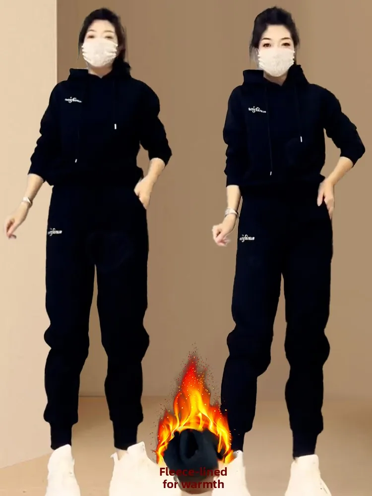 

Winter 2025 Women's Faion Fce Lined Thiened Commute Sports Set Two Piece Suit Long Pants Hoodie Sweatirt Slim Fit