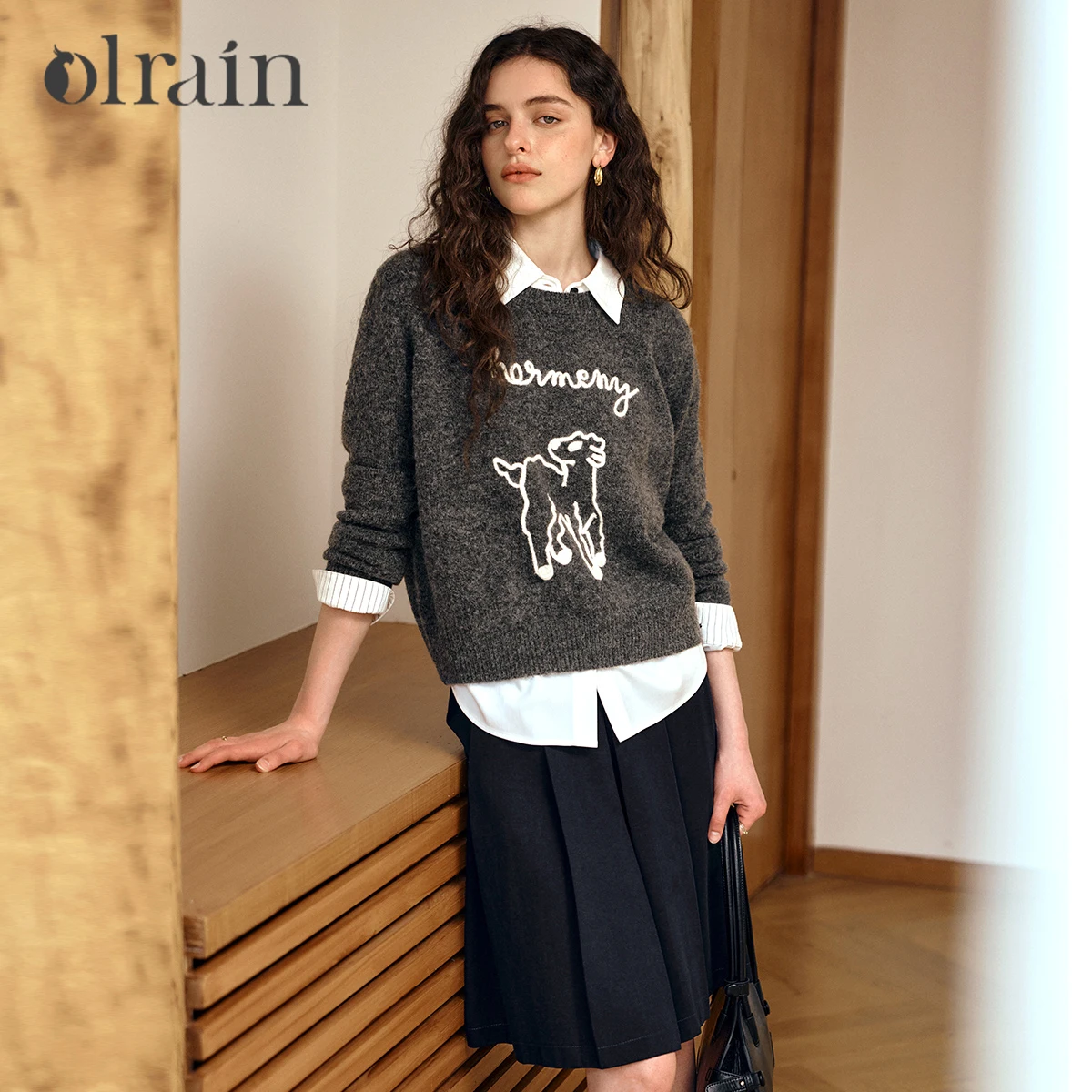 OLrain-suéteres informales para mujer, novedad de Otoño de 2025, jersey de Jacquard, Tops tejidos de manga larga para ir al trabajo francés, O57QM001252