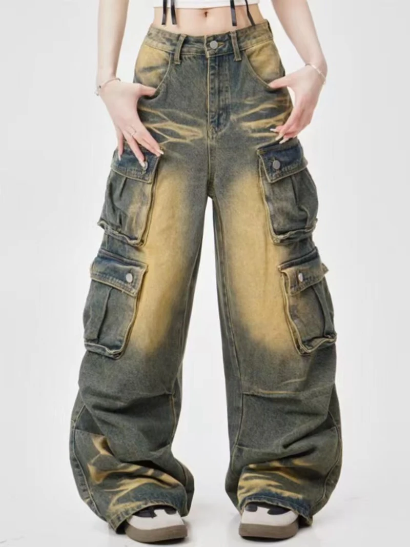 

Новые модные потертые мешковатые джинсы в стиле хип-хоп с несколькими карманами Y2K High Street Tooling, широкие брюки в стиле панк с высокой талией и широкими штанинами
