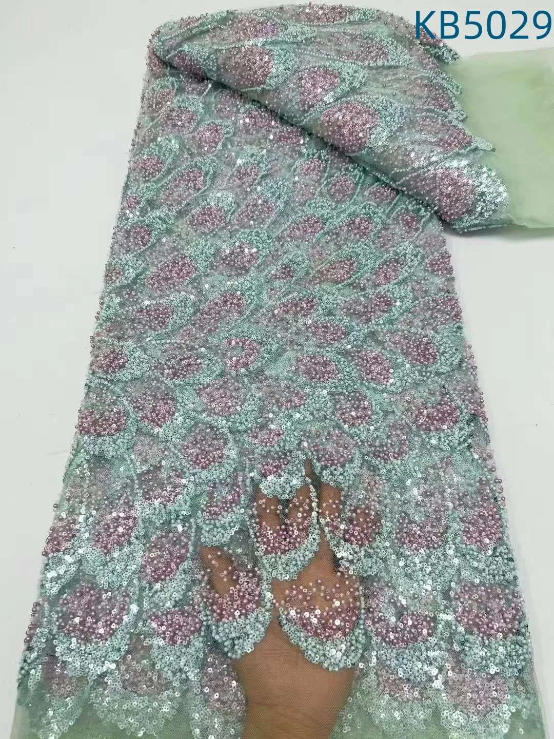 Green Beaded Embroidery Lace Fabrics African Lace Fabric 5 Yards High Quality 2025 Sequins Tulle Lace Fabric For Sewing KB4839