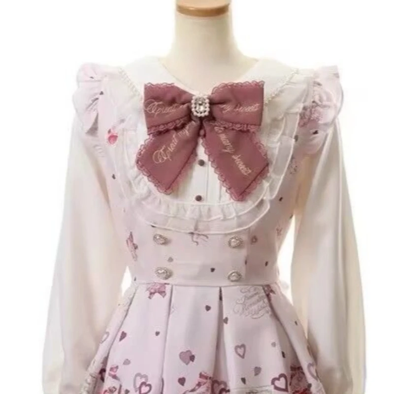 Japanese Kawaii Rhinestone Bow Dress Set Women Sweet Lolita Style Lace Pearl Cute Print Shirt Dresses Gothic Y2k Tea Party Dress