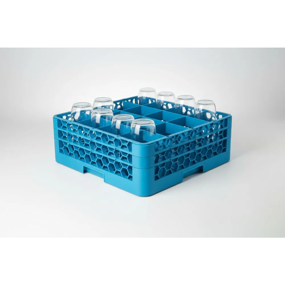 

16-Compartment Glass Dishwasher Rack with Extenders, Tilted Draining, Blue - Protect Delicate Glasses