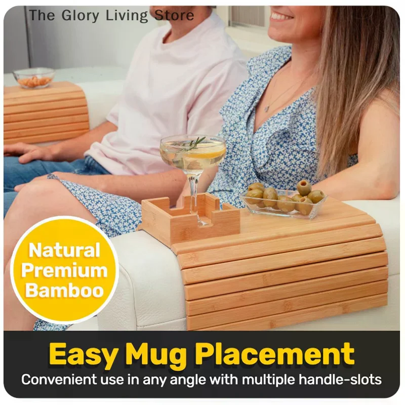 Couch Cup Holder Natural Anti-Slip Bamboo Sofa Armrest Tray Foldable Multifunctional Sofa Cup Holder For Cups Remote Control