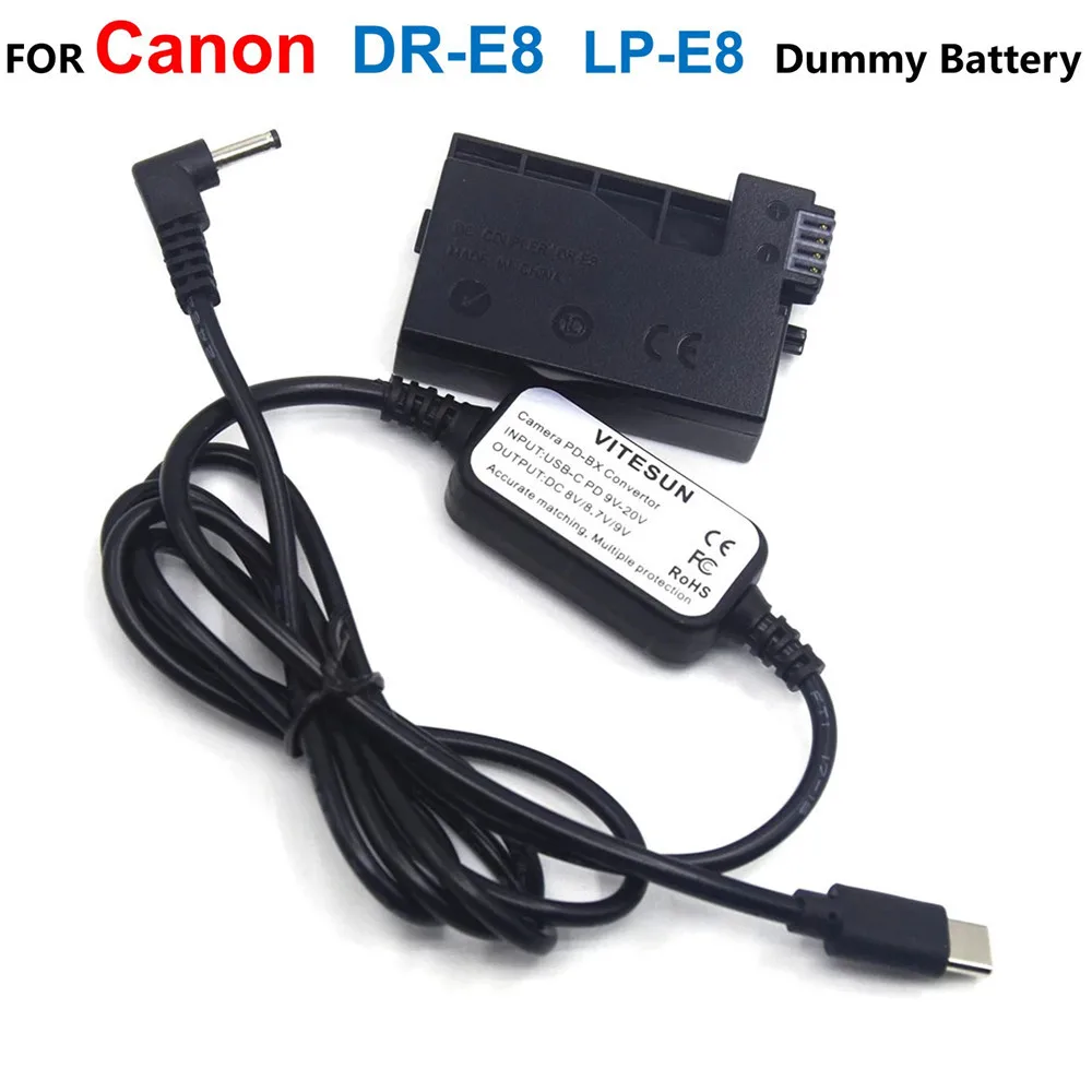 

LP-E8 Dummy Batter DR-E8 Coupler USB Type C USB-PD Converter To DC Cable For Canon EOS T2i T3i T4i T5i 550D 600D 650D 700D