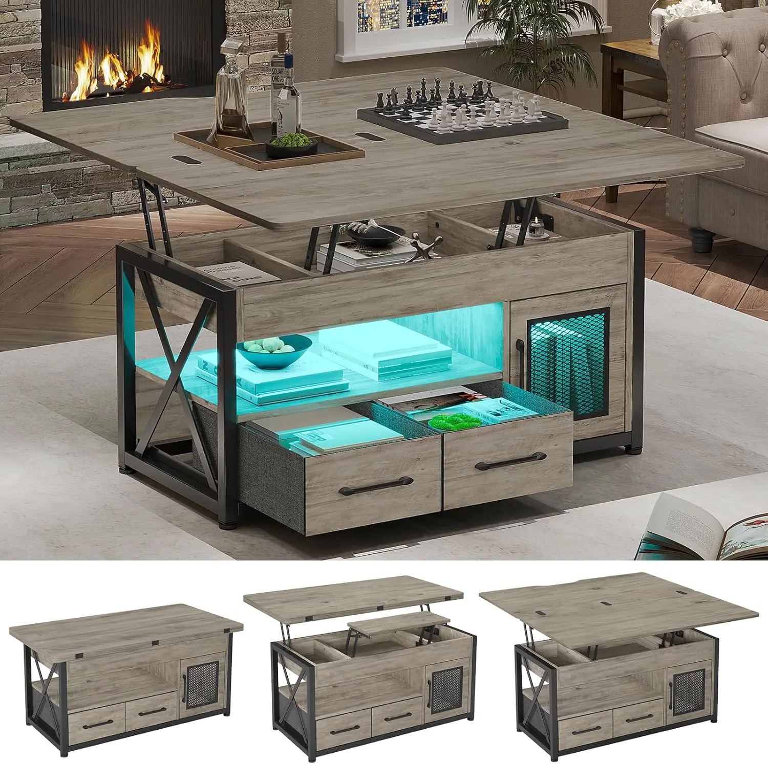 

40" Lift Top Coffee Table, 4 in 1 Coffee Tables with Storage Cabinet ,with 2 Fabric Drawers & LED Light for Dining Room, Grey