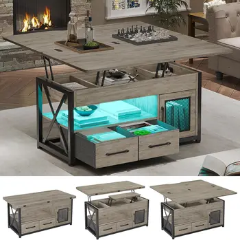 40 inch salontafel met hefblad, 4-in-1 salontafels met opbergkast, met 2 stoffen lades en LED-licht voor eetkamer, grijs