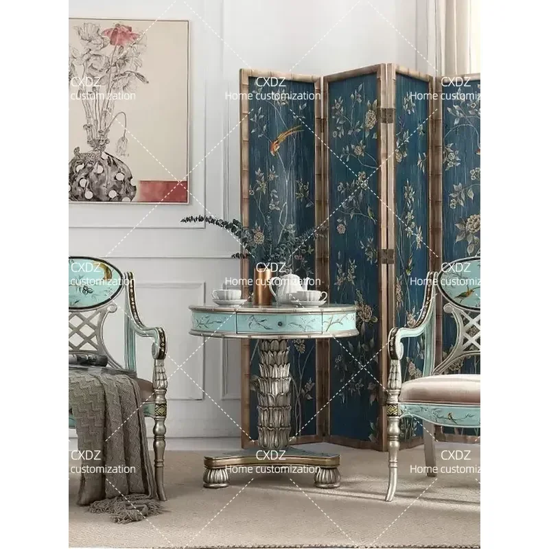 Retro Solid Wood Folding Screen Mobile Home Partition with Bamboo Flower and Bird Painted Background for Living Room