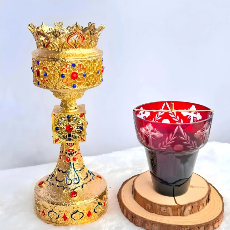 Gold Plated Orthodox Catholic Liturgical Chalice with Enamel Red Gems and Red Glass Cup for Church Communion Home Altar Devotion