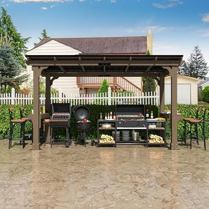 6 ft x 13 ft Outdoor Rectangular Grill Shelter with Natural Cedar Frame, Galvanized Steel Sloped Roof, UV Resistant Water Repell