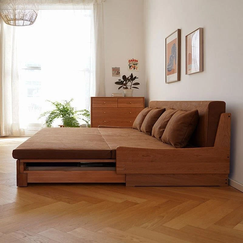 Cherry wood sitting and lying dual-purpose, sofa bed all solid wood pull-out type, small apartment storage technology cloth