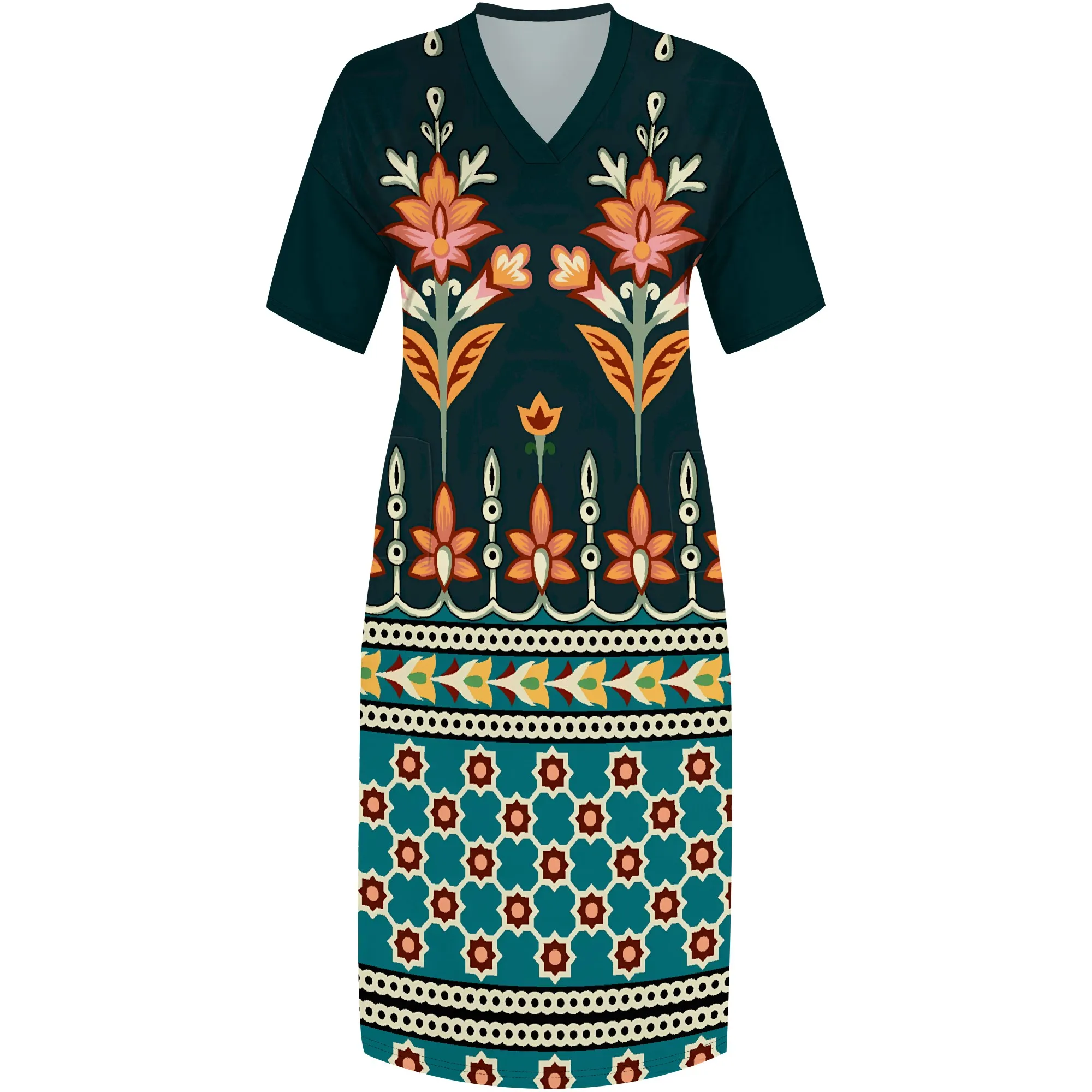 Nupusa 꽃 패턴 프린트 드레스 여성용 플러스 사이즈 여름 캐주얼 V 넥 짧은 소매 맥시 드레스 (포켓 포함)