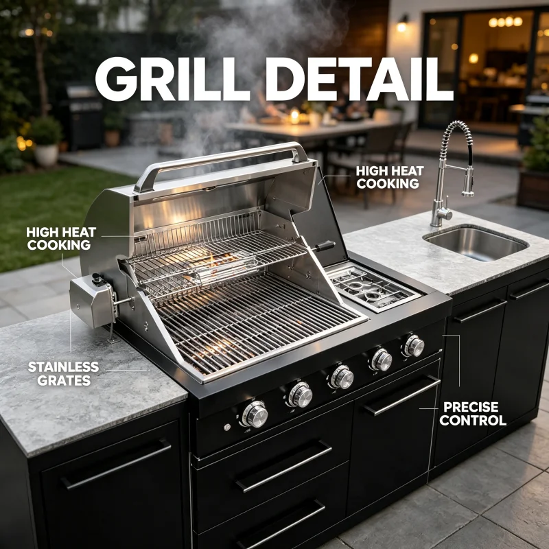 Garden BBQ Outdoor Kitchen Island Setup Featuring Premium Charcoal Smoker Stove and Waterproof Storage Drawers