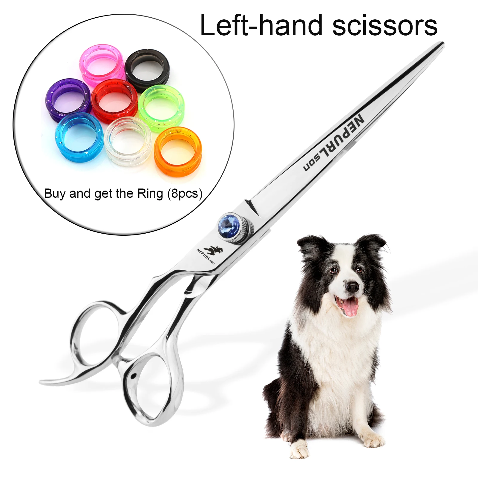 Professional JP440C 7.0inch Left hand blue diamond high screw Straight Pet Cutting Grooming Scissors  only for left hand