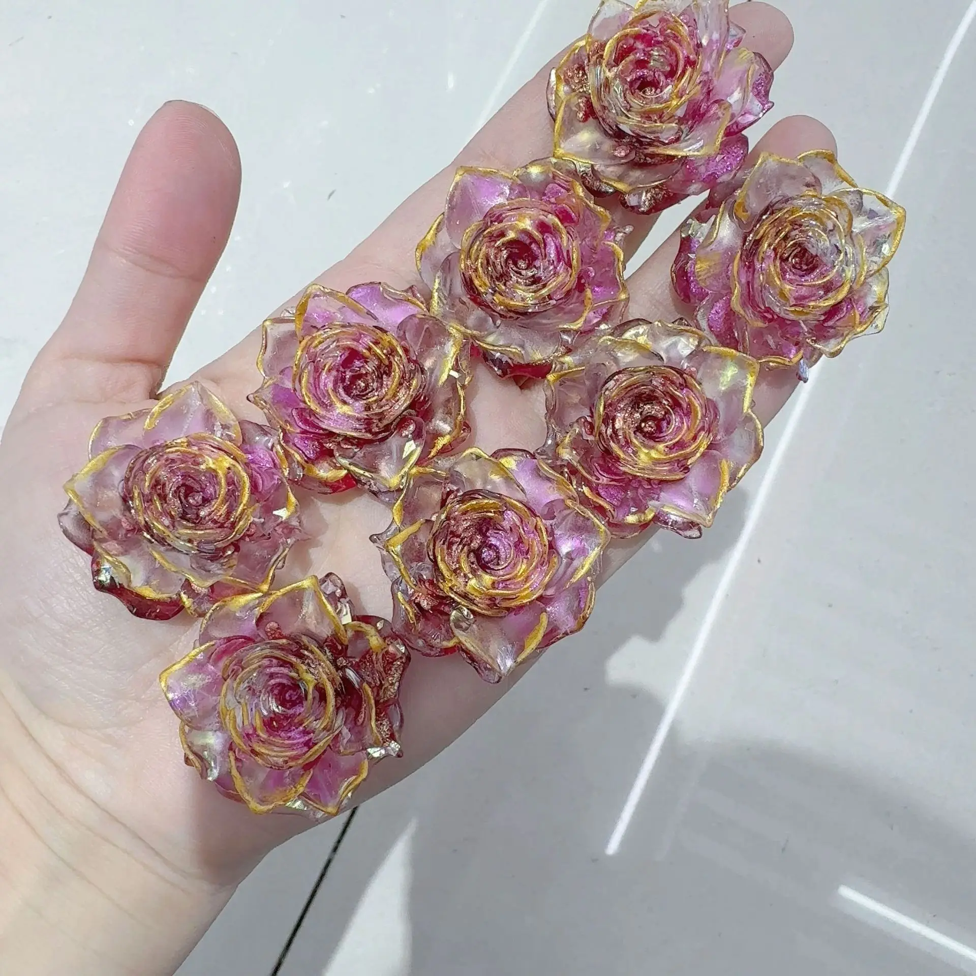 500PCS Gold Edge Gradient Resin 35MM Rose DIY Handmade Hair Accessories Handicraft Phone Case Home Decoration