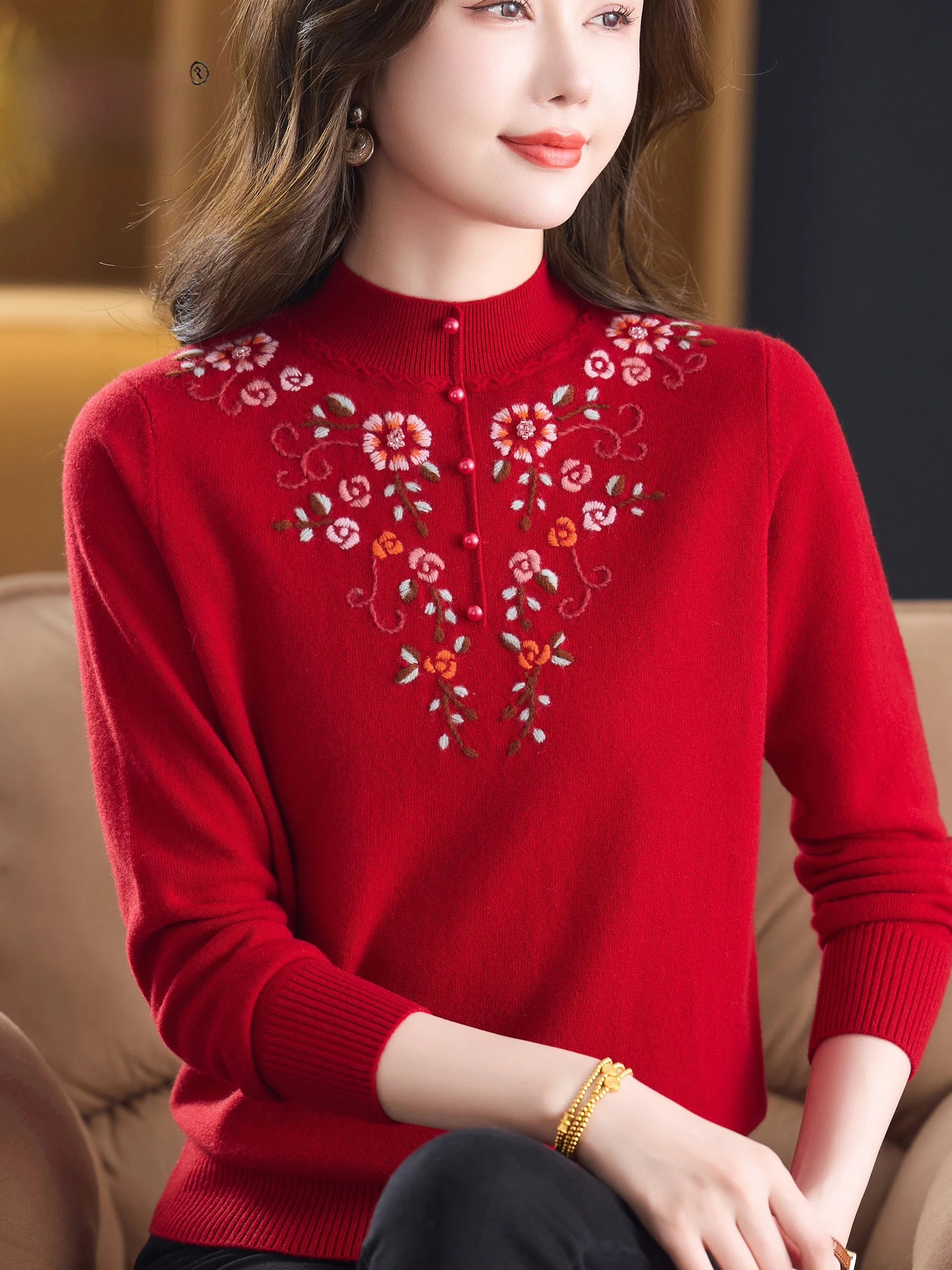 

Вязаный свитер из чистой шерсти с вышивкой, женский, с высоким воротником, модный теплый топ в китайском стиле, новинка зимы