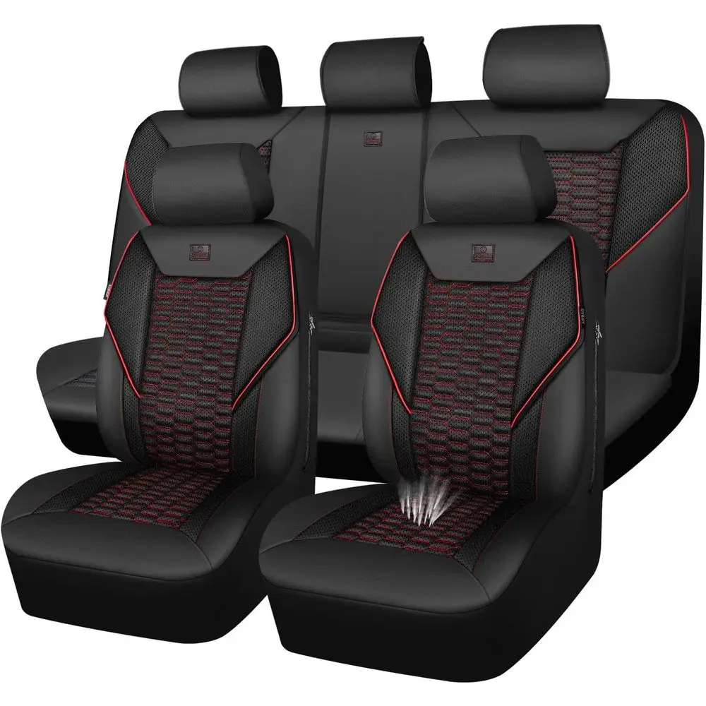Breathable Mesh & Leather Car Seat Covers - Universal Fit for Sedan, SUV, Truck - Black & Red