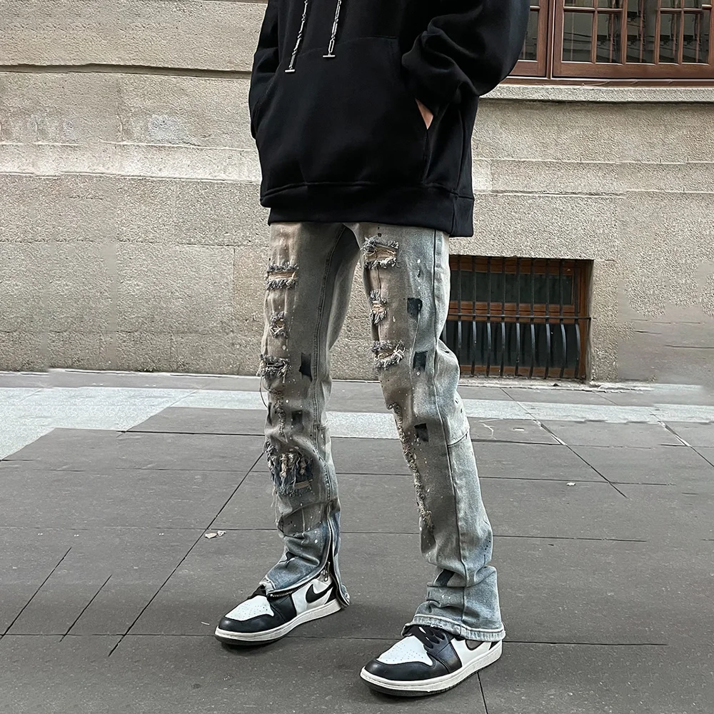 

Skinny Jeans Men Graphic Ripped Denim Pants Y2k Streetwear Summer Splash-ink Autumn Vaqueros Pantalones Fit High Street Trousers