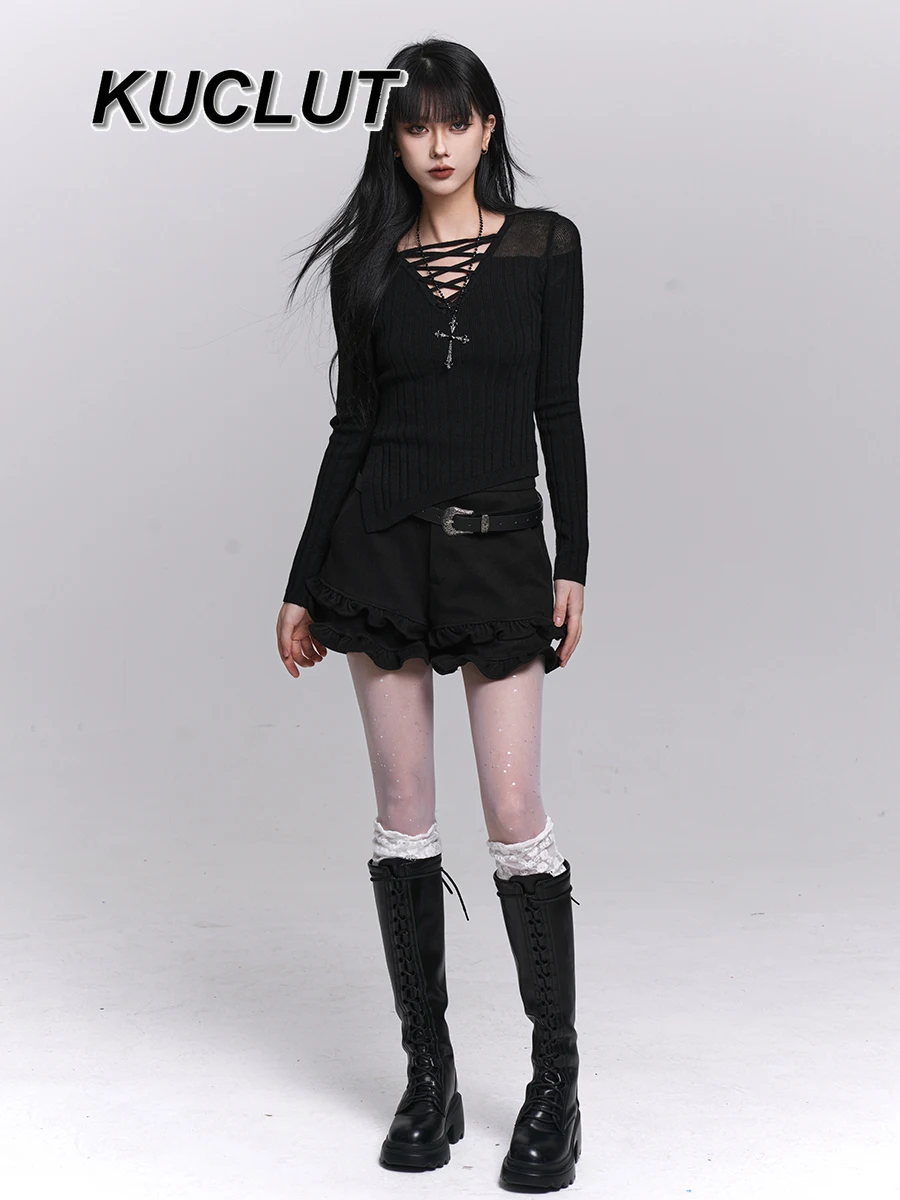 

High Street Style Unique Beautiful Black V-Neck Knitted Sweater Autumn Women's Top Inner Wear Outer Wear Pullover Sweaters