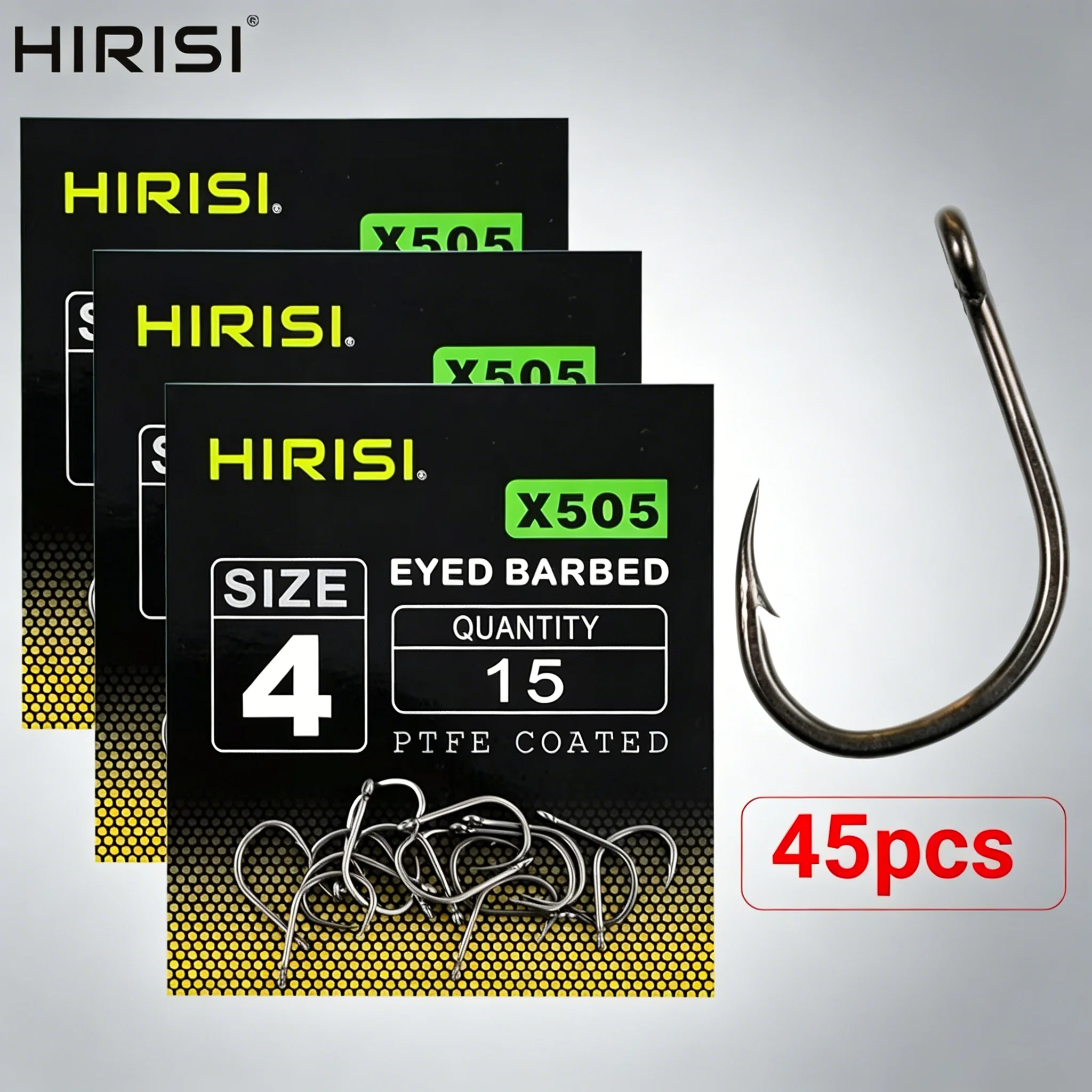 Hirisi 45 Stück PTFE-beschichtete Hochkarbon-Edelstahl-Widerhaken-Angelhaken mit Öse Karpfenangelhaken Zubehör X505