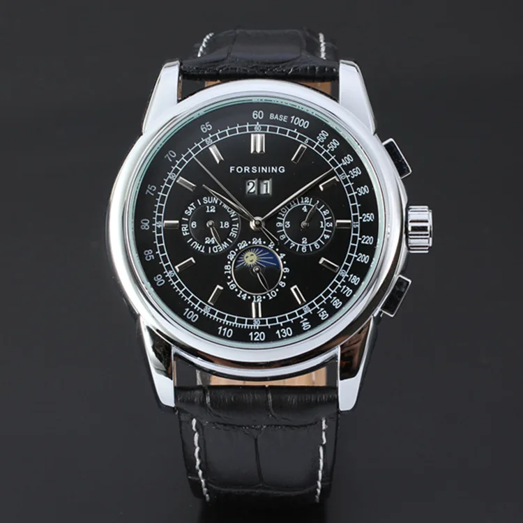 Fashion Forsining Top Brand Six Needle Calendar Lunar Phase Automatic Mechanical Leather Man Advanced Gifts Wrist Watches