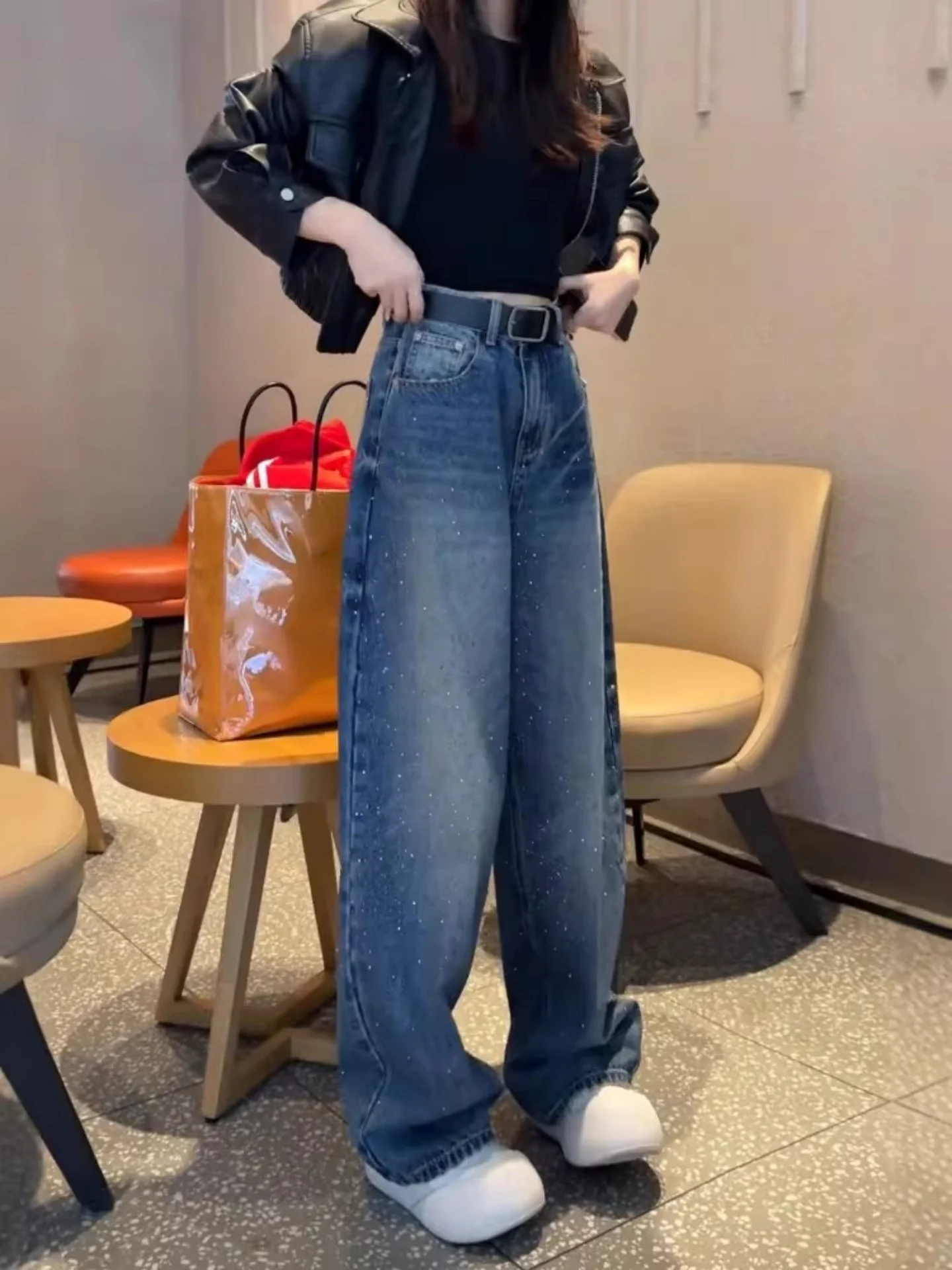

Spring 2026 Trendy Wide Leg Jeans High Waist Comfortable Loose Fit Diamond Embellied Casual High Star Knife Denim