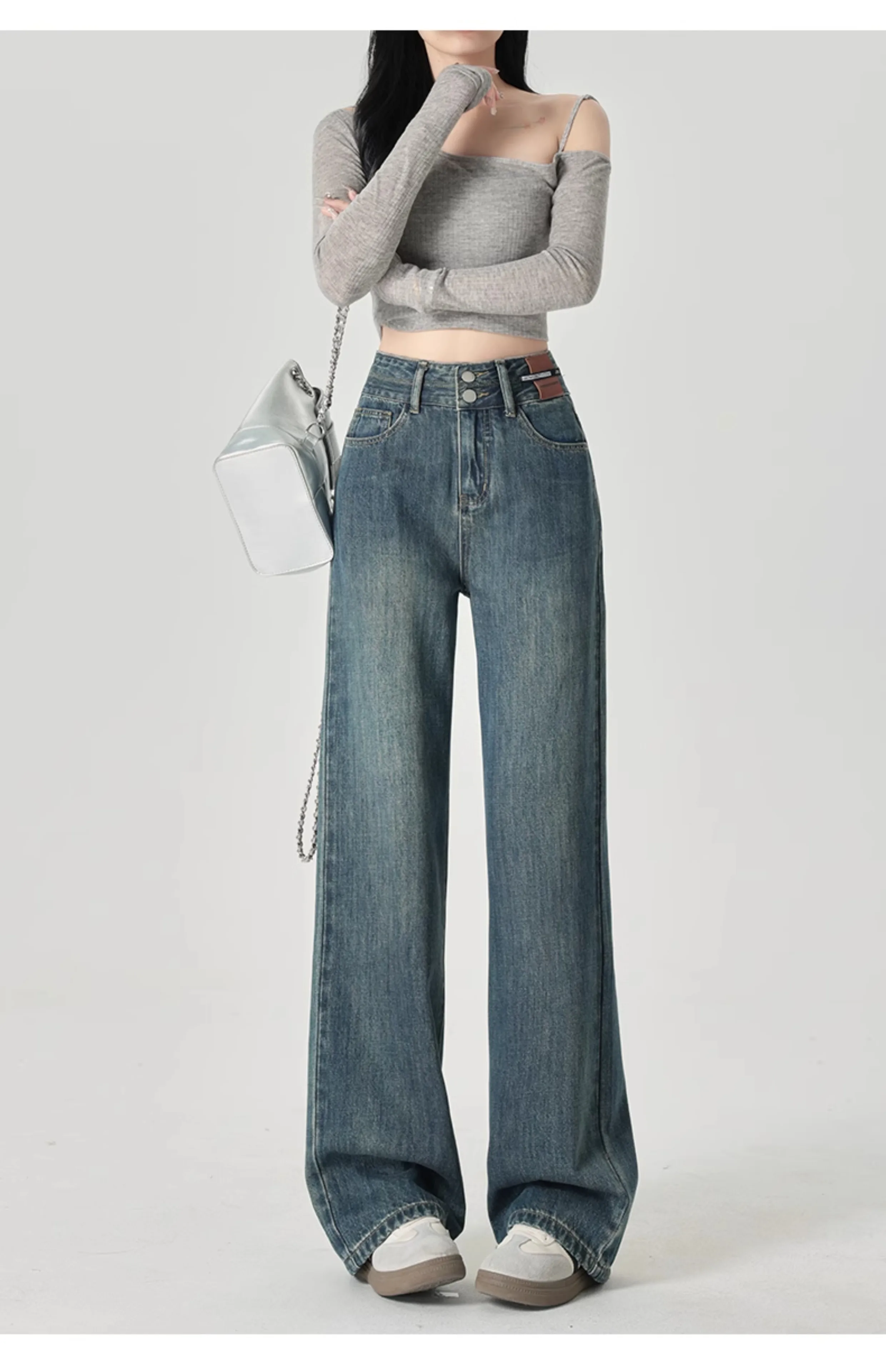 Schmal geschnittene Damenjeans mit weitem Bein, hoher Taille und hängendem Gefühl, gerades Bein, lässiger Look, schmale Hose in Kontrastfarben – Detail 5