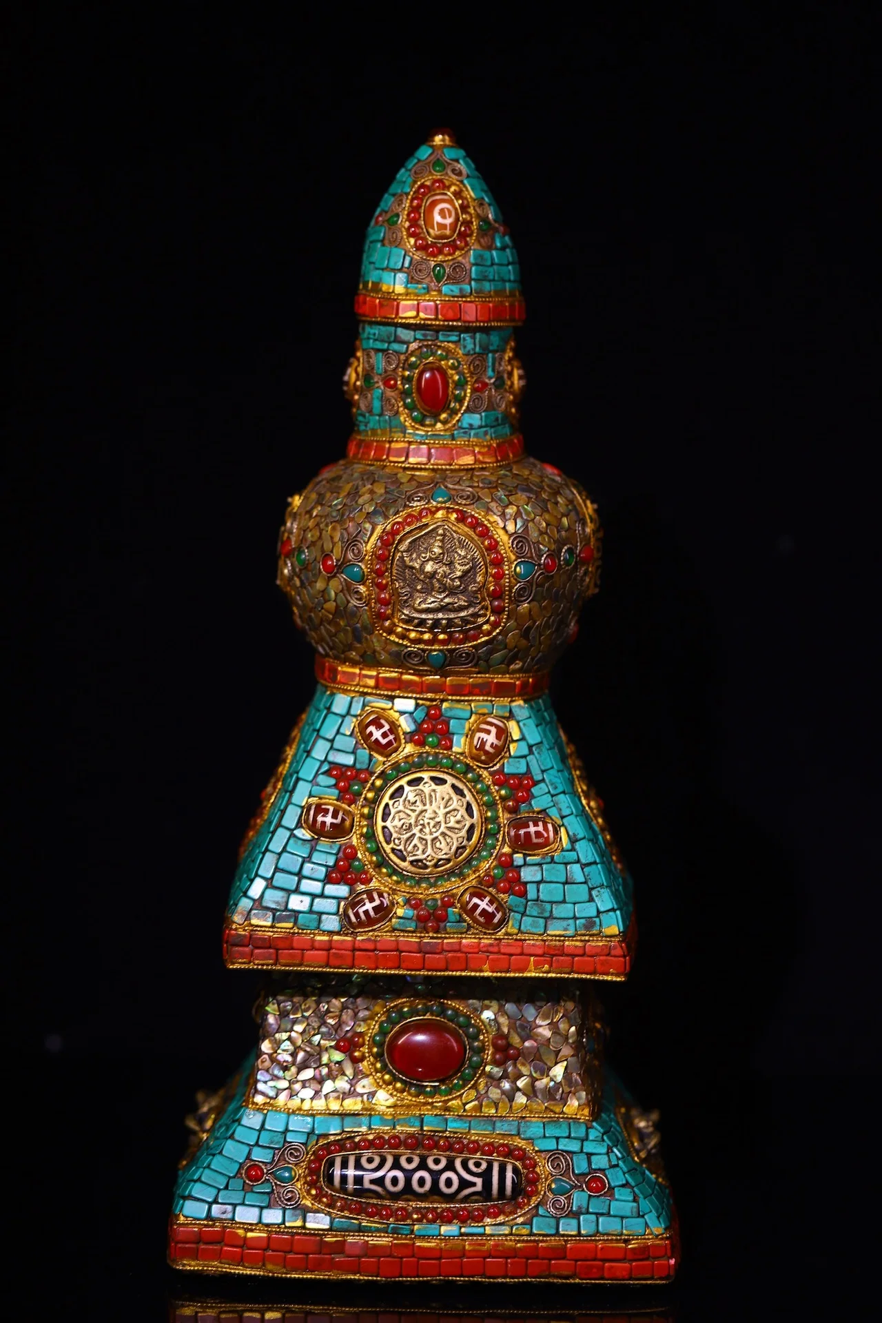 

13"Tibetan Temple Collection Old Meteorite Mosaic Gem gZi Beads Shell Sakyamuni Buddha Pagoda Stupa Worship Hall Town house