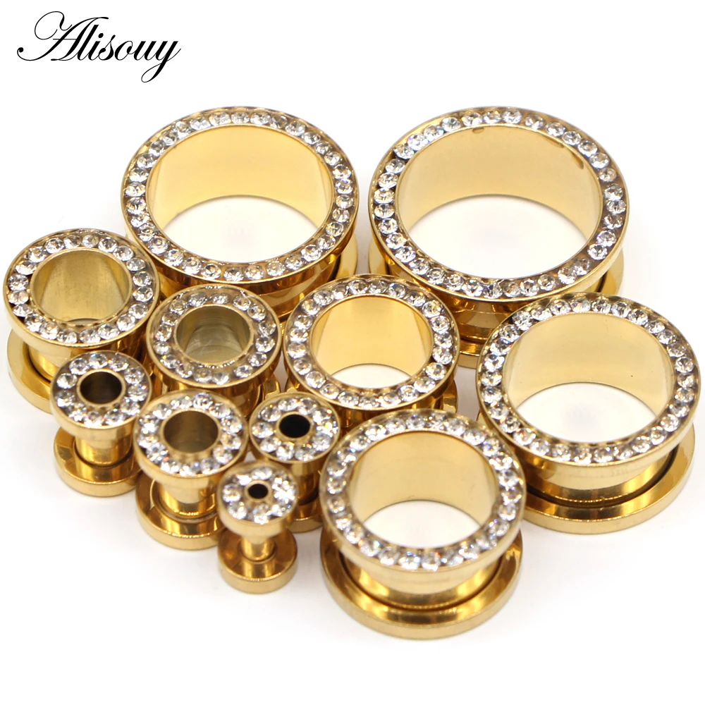 Alisouy Gold Color Ear Plugs Tunnels with Crystal Screw Fit Flesh Tunnel Ear Expanders Stretching Kit Piercings Ear Body Jewelry