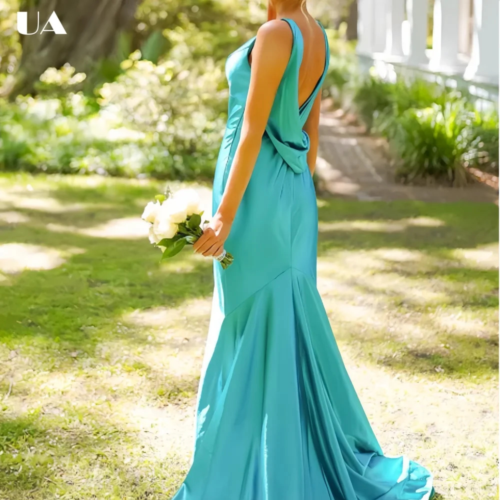

ULBYANRY Customized Satin Mermaid Sleeveless Prom Dress Sexy Draped Backless Evening Dress for Woman, Trendy V-neck Party Dress